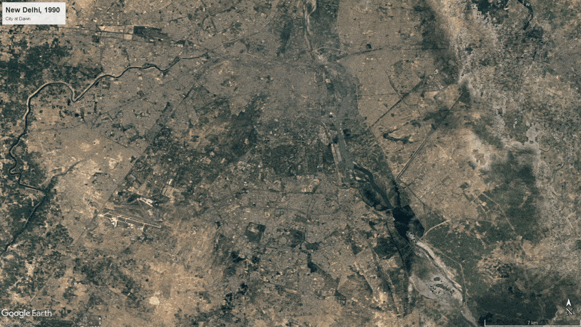 Gradual urbanization of Delhi’s landscape over the last 30 years, giving us a glimpse of the sounds that remain and those that are lost (credits: beatnyk, Google Earth).