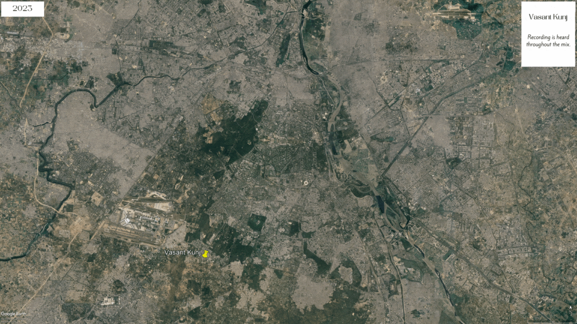 «City at Dawn» soundscape mapped and timestamped over the landscape of New Delhi (credits: beatnyk, Google Earth).