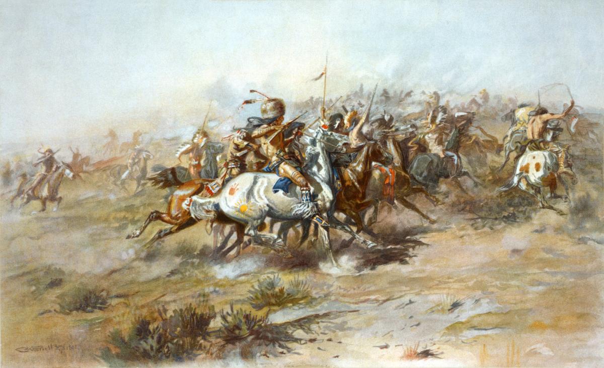 The Custer Fight Lithograph. Shows the Battle of Little Bighorn, from the Indian side (Charles Marion Russell, 1903)