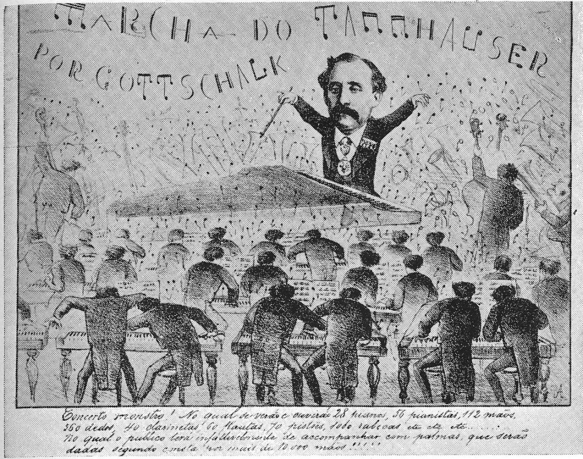 Karikatur zum «Monster Konzert» von Louis M. Gottschalk im Fluminese Theater in Rio de Janeiro am 5. Oktober 1869 (lizensiert durch Wikipedia Commons).