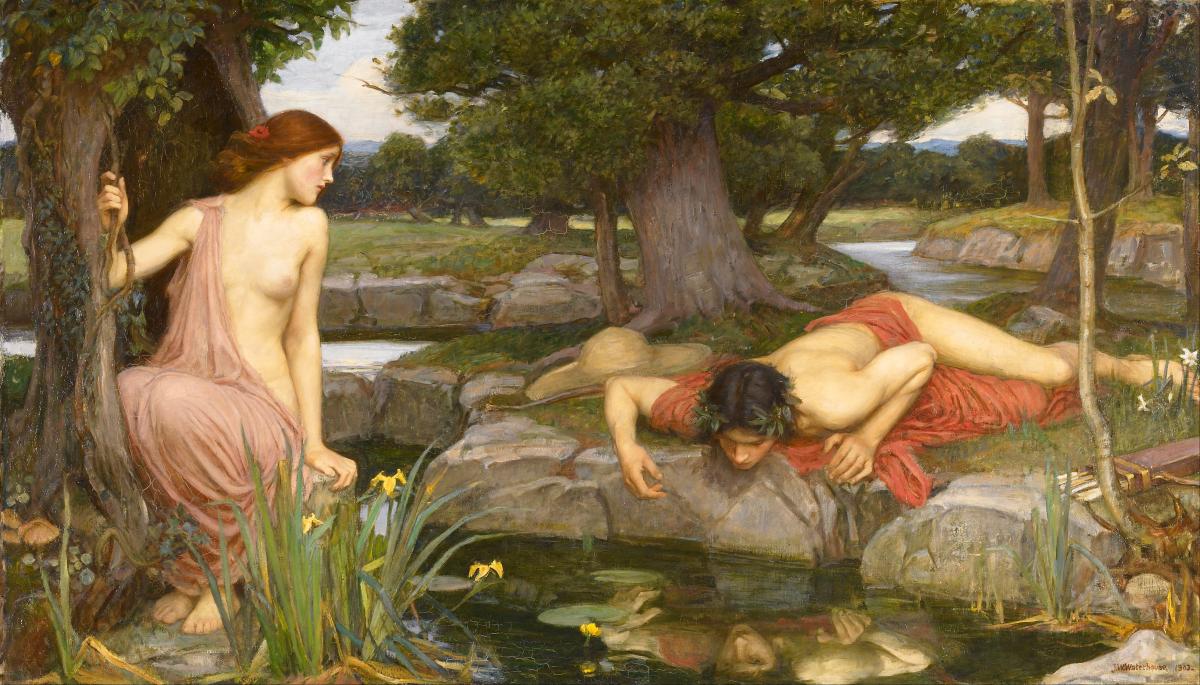 Echo runs off to the dark woods and sadly falls in love with Narcissus, who in turn is in love with his own mirror reflection, misrecognizing this as someone else (Echo and Narcissus, a Pre-Raphaelite interpretation by John William Waterhouse, 1903)