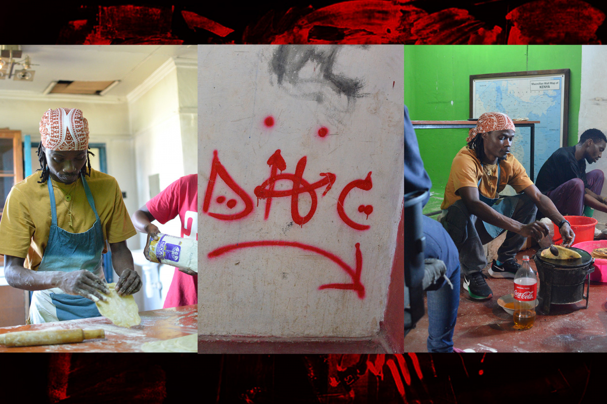 Rapper Juliani in the kitchen at Dandora HipHop City Nairobi (photo: Victor Mutali, artwork: dudusquad).