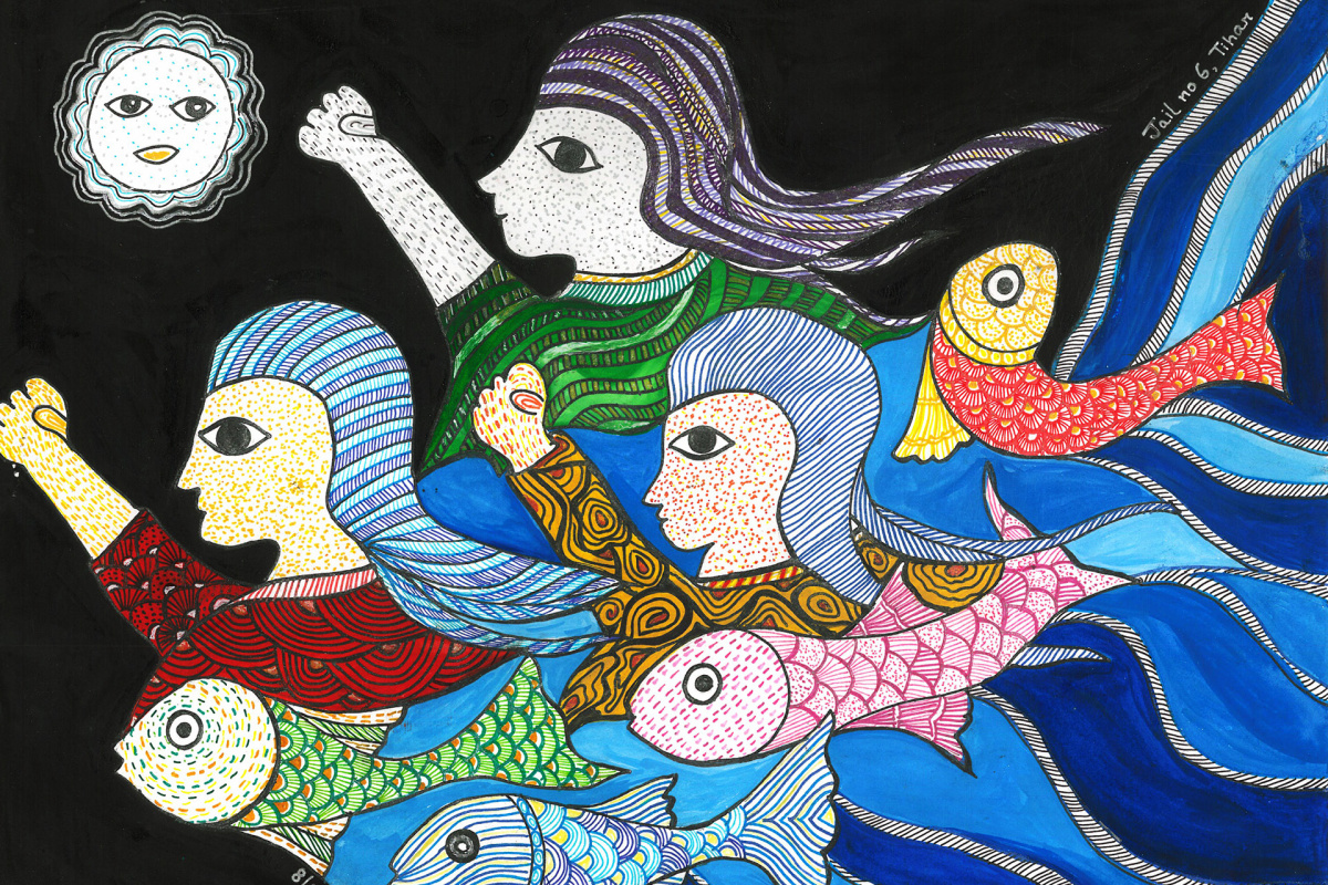 A painting by Devangana created during incarceration. Titled «Sultana’s Dream», it is inspired by Gond artist Durga Bai’s illustrations (photo: Devangana Kalita).
