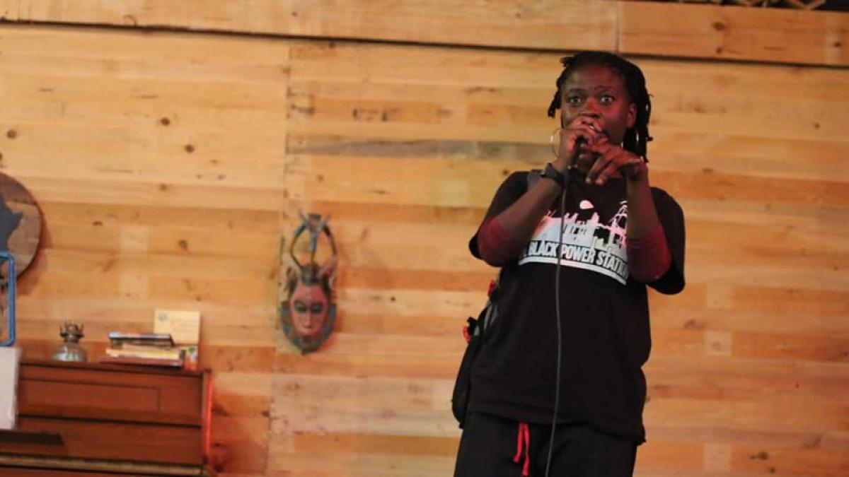 Andiswa Bliss Rabeshu performing at the Black Power Station (Black Power Station, Makhanda 2020)
