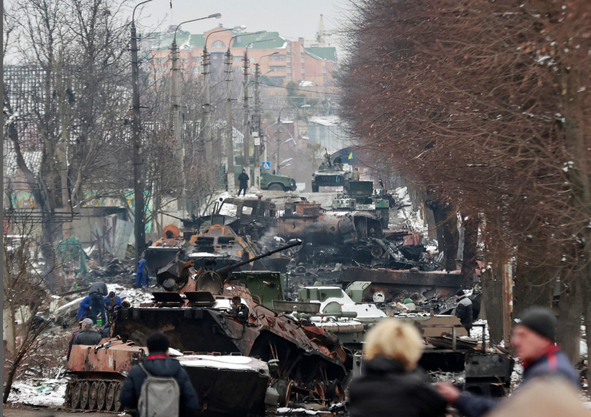 Destroyed military vehicles in Bucha, Ukraine, after Russia's invasion in February 2022 (Photo: REUTERS/Serhii Nuzhnenko, March 1, 2022)