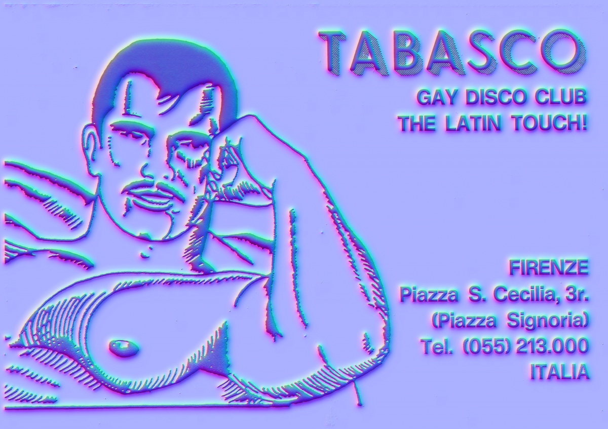 An original flyer of the gay disco club «Tabasco» in Florence, Italy (1976; archive image, courtesy of Luca Locati Luciani; additional design by Marina Benetti).