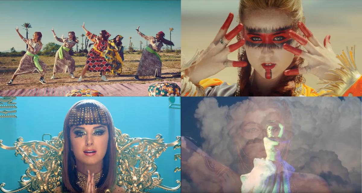 Compilation of four video stills from Saad Lamjarred («Lm3allem», 2015) and («Ghaltana», 2016), Katy Perry («Dark Horse», 2014) and Myriam Fares («Aman», 2015) (left top to right bottom)