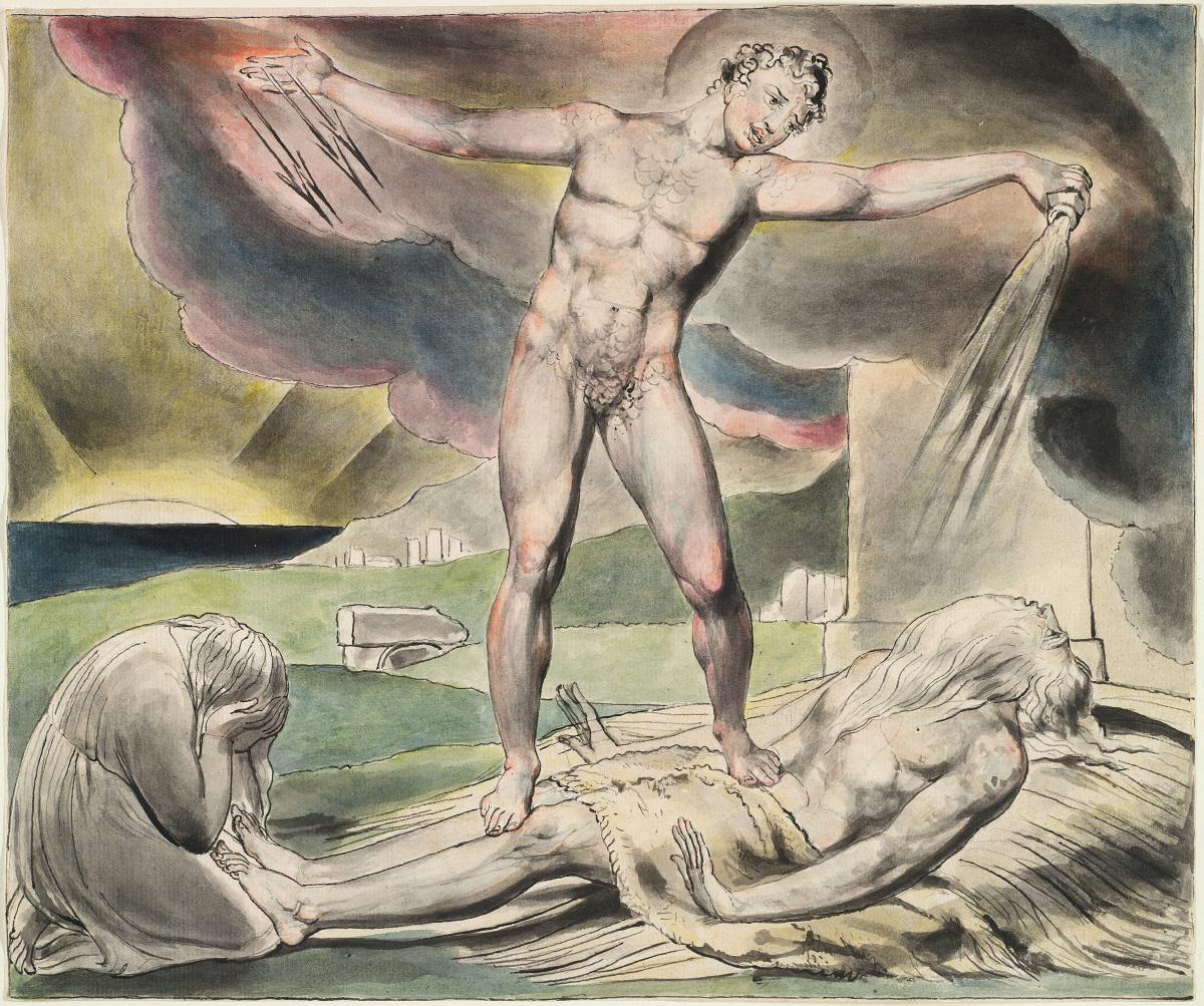 Die Prüfung des Hiob: Satan schüttet die Plagen über Hiob aus. Aus: Blake Book of Job Linell set 6, 1821 (Bild: William Blake Archive)