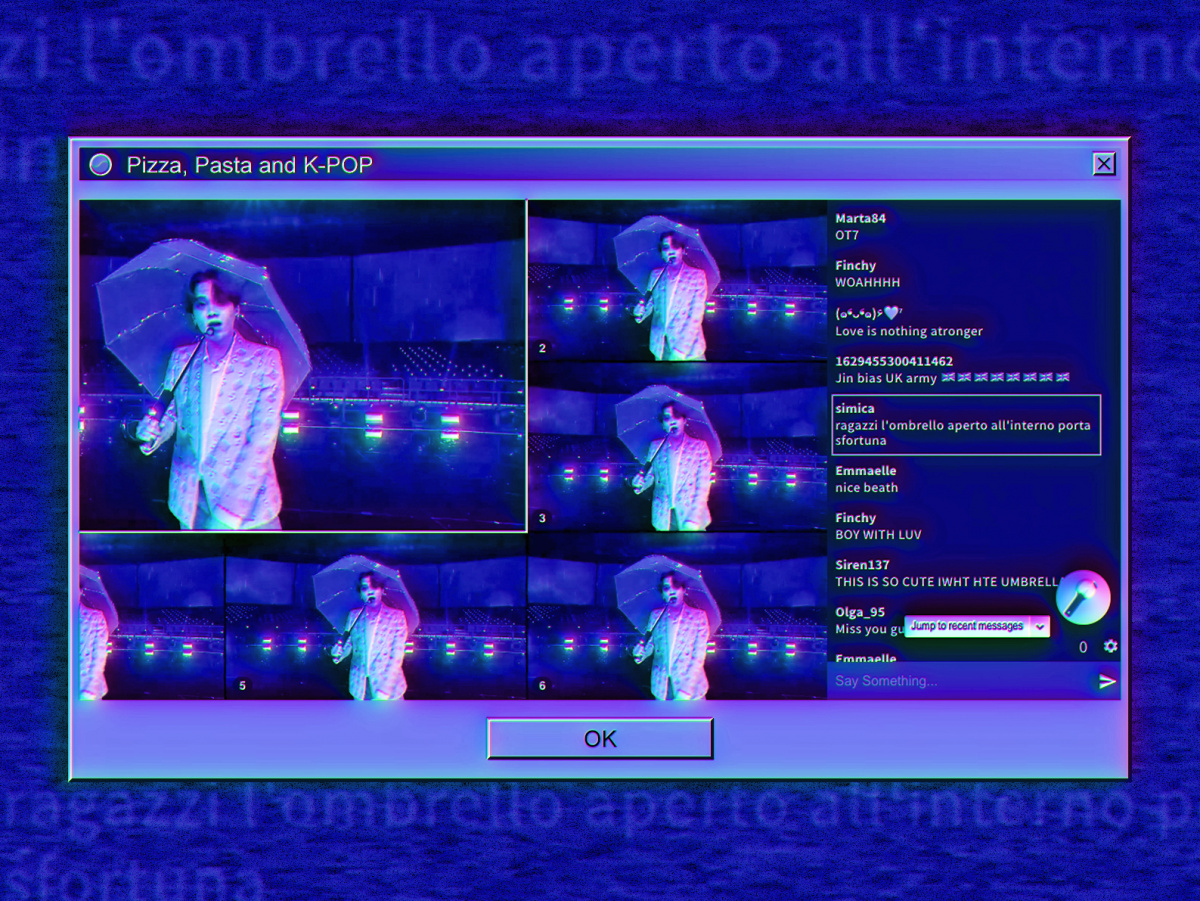 Screenshot from a streamed live performance of BTS where an Italian fan’s comment reads «Guys, an open umbrella indoors brings bad luck» (additional graphic design by Marina Benetti).