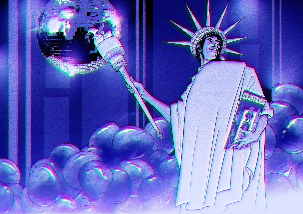 Legendary DJ Nicky Siano as the Statue of Liberty (illustration and design by Sofia Rana, additional design by Marina Benetti).