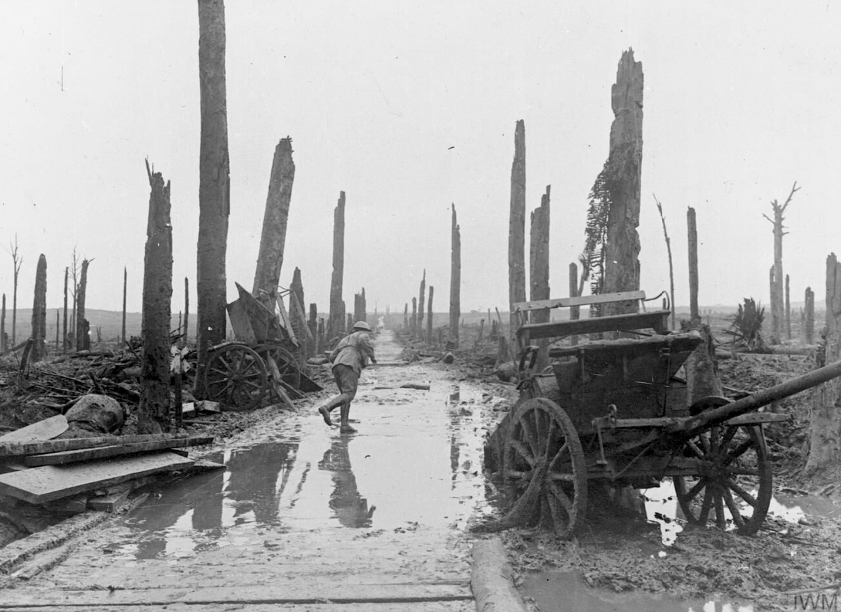 A photograph of the waterlogged battlefield at the Battle of Passchendaele (October-November 1917) near Ypres in Flanders, Belgium during the First World War (1914-18). Photograph taken by Frank Hurley.