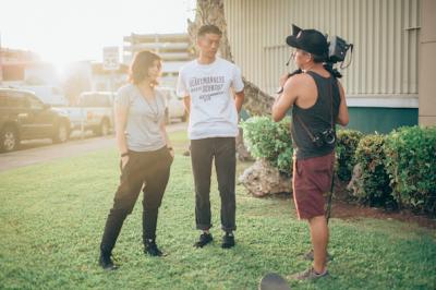 Shing02 & Salome MC with 1+1 documentary director Vincent Ricafort at Kakaako district in Honolulu, Hawaii/US.