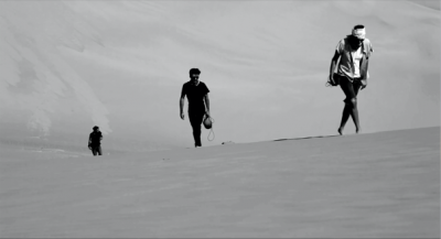 Field recording in the Rub’ al Khali desert in UAE. Left to right: Simone Merli, Kamran Sadeghi, Stephan Crasneanscki. (photo: Mir-Jean Bou Chaaya)