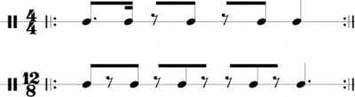 Son clave pattern shown in simple meter (duple-pulse) and compound meter (triple-pulse) structures