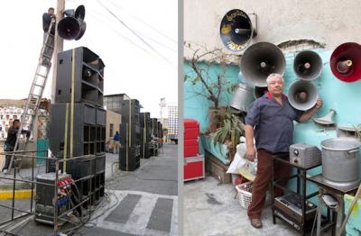 Left: Setting up for a street dance with Sonido La Conga/Pedro Perea, Aragón neighborhood, Mexico City, 2011 Right:Sonido Maracaibo/Enrique Lara in the courtyard of his house, Ramos Millán neighborhood, Mexico City, 2012 (photo: Mirjam Wirz)