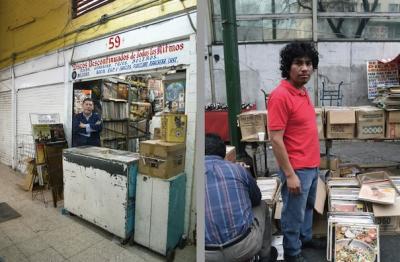 Left: Pancho at his record stall at Tepito market, Tepito neighborhood, Mexico City, 2011 Right: Jorge, record seller on Balderas street in the downtown area of Mexico City, 2010 (photo: Mirjam Wirz)