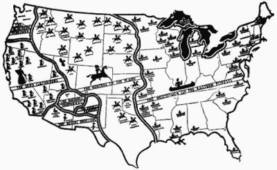 A portion of Clark Wissler’s map of the culture areas of the Native American United States. «Three Maps of Indian Country», United States Bureau of Indian Affairs, Lawrence, Kansas: Haskell Institute (1948).