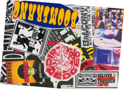 A collage of rock band stickers from all over Indonesia (photo: Jeremy Wallach)