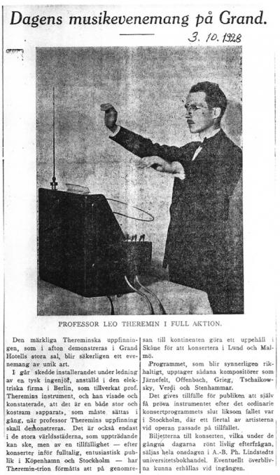 A contemporary newspaper image of Theremin demonstrating the instrument.