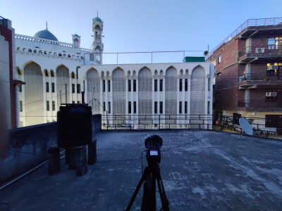 Nithin Shams records from a terrace in Jamia, New Delhi (photo: Neelansh Mittra).