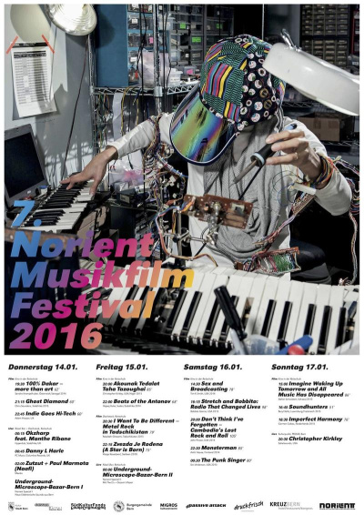 Poster 7. Norient Musikfilm Festival 2016, Design: Ben Aqua (USA) & Annegreth Schärli (Switzerland)